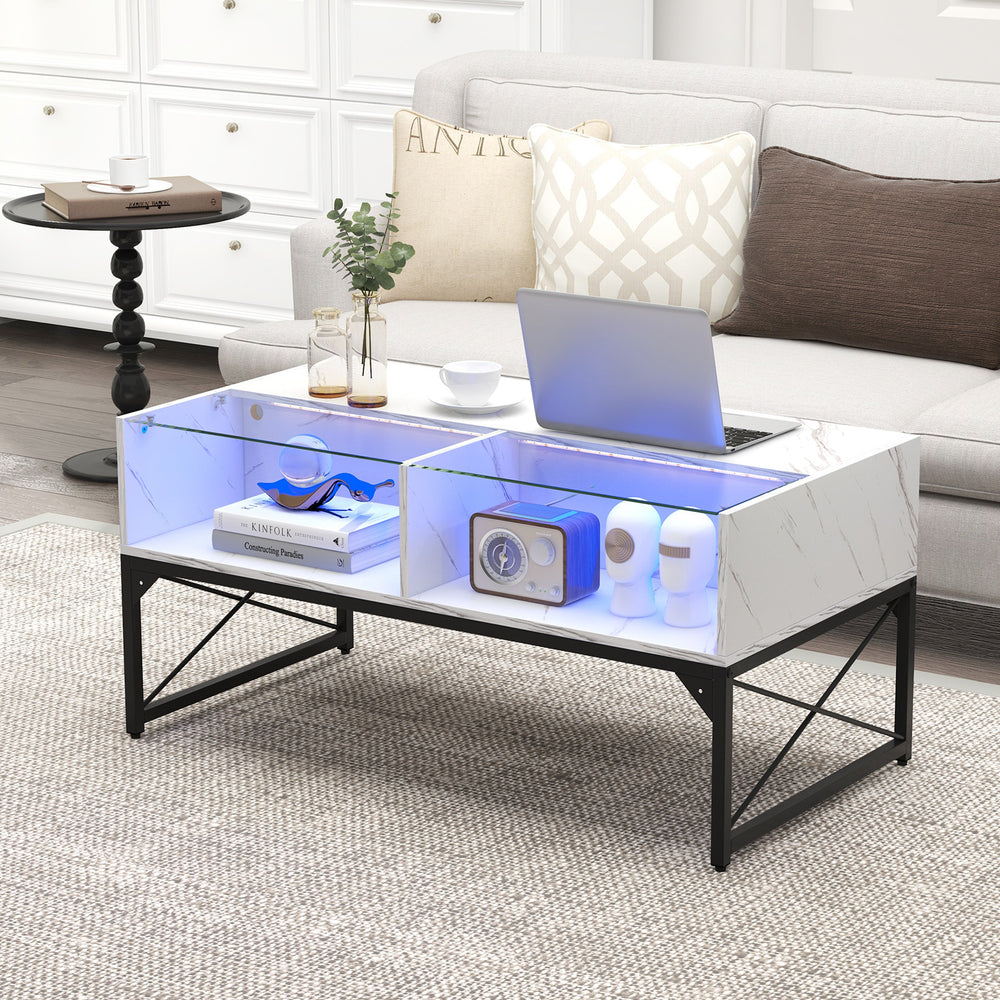 Center table showcasing a high-gloss faux marble finish and LED lights, designed for stylish storage and ambiance.