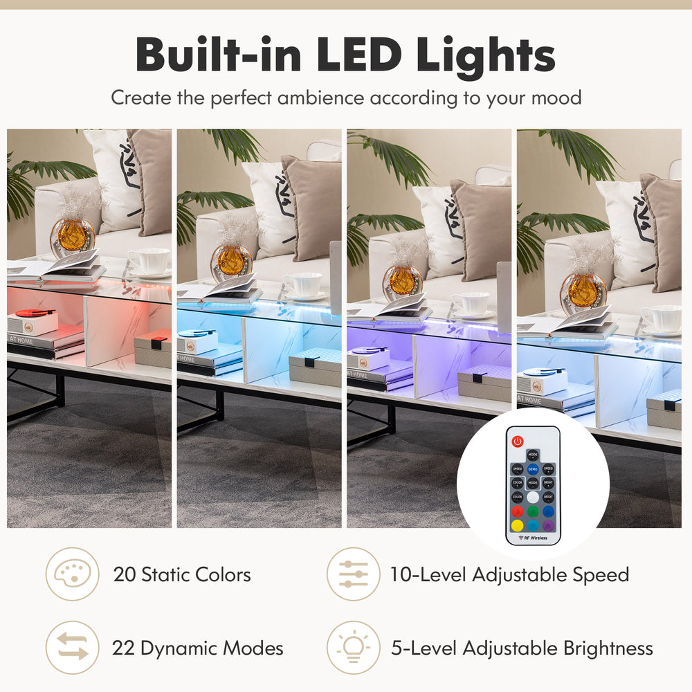 Center table with faux marble and tempered glass top featuring built-in LED lights for customizable ambiance and.