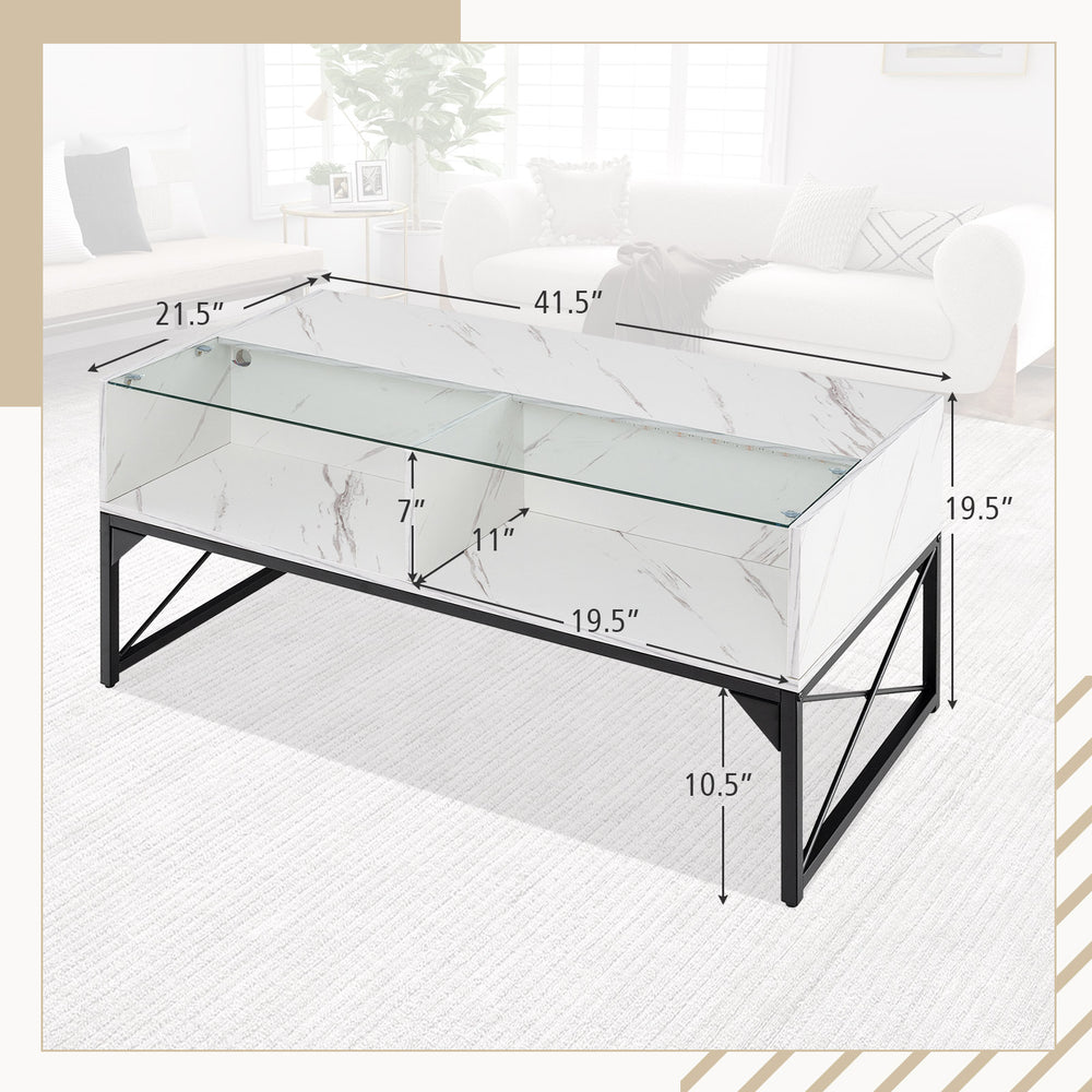 Center table with faux marble and tempered glass top, featuring LED lights and ample storage, ideal for modern living.