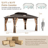 12' x 16' double-roof hardtop gazebo with galvanized steel roof, featuring curtains and drainage holes for outdoor use.