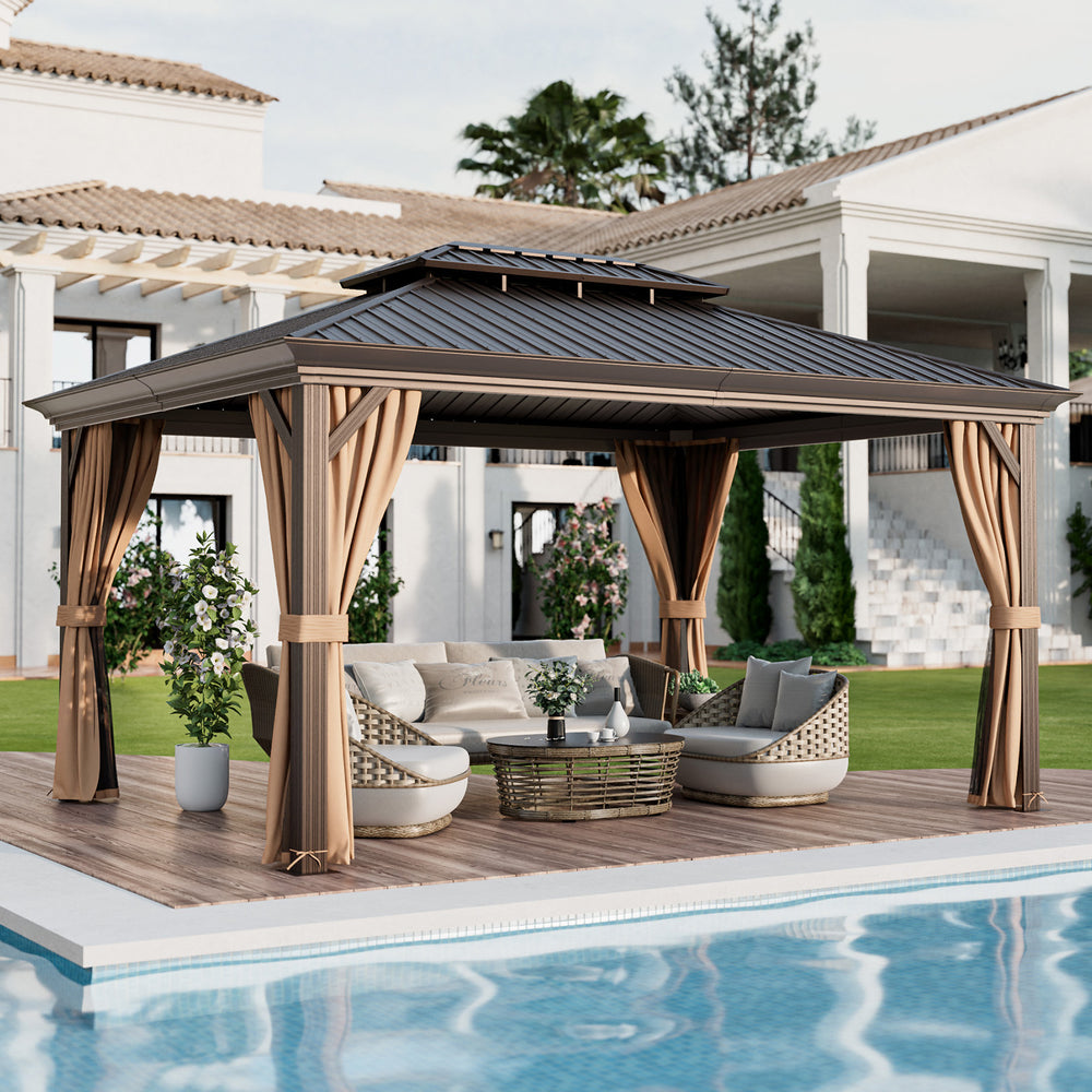 Double-roof hardtop gazebo with galvanized steel roof, featuring curtains and netting, ideal for outdoor relaxation by.