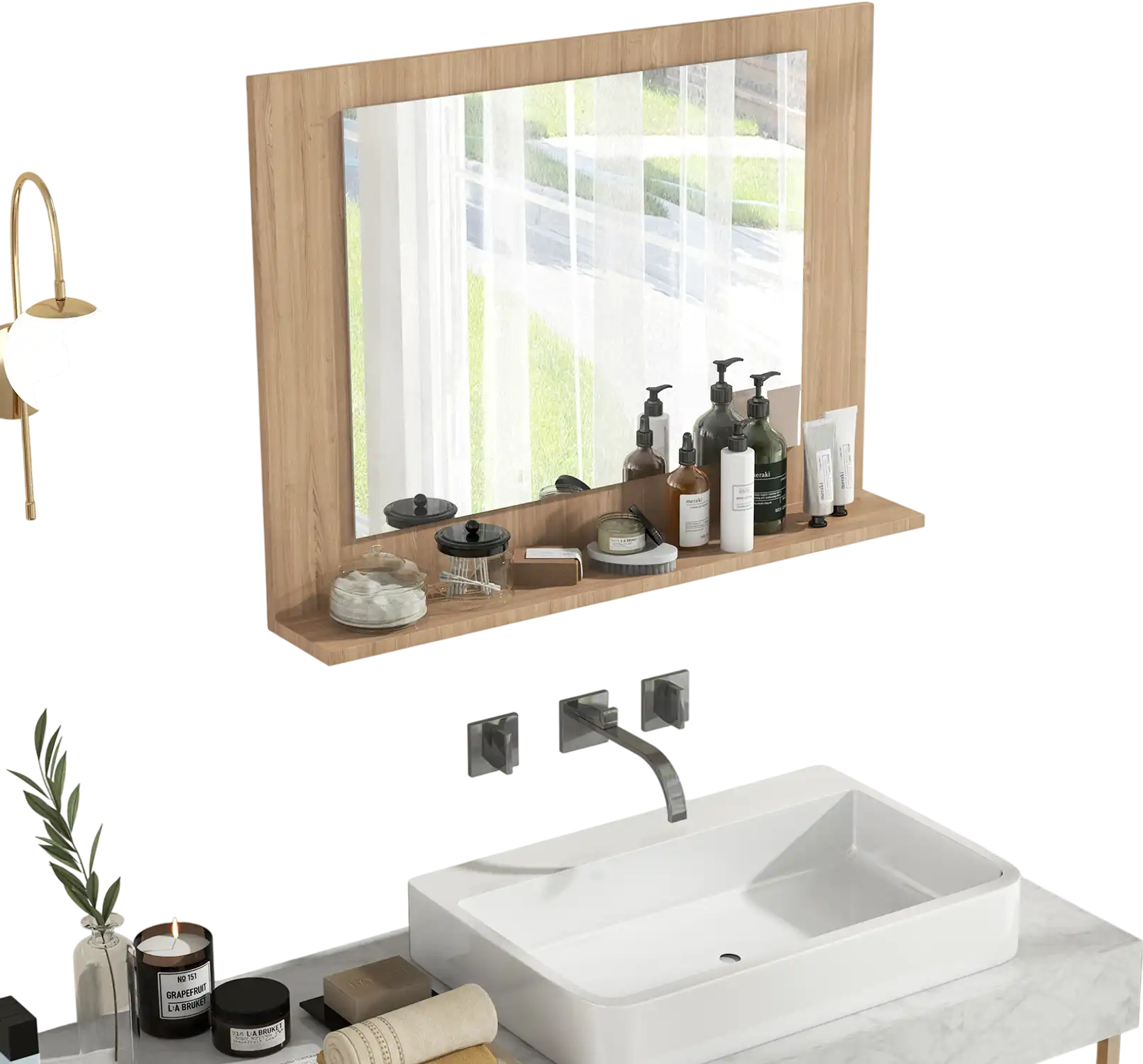 Costway Rectangle Bathroom Mirror w/ Shelf Wood Frame Brown 23.5