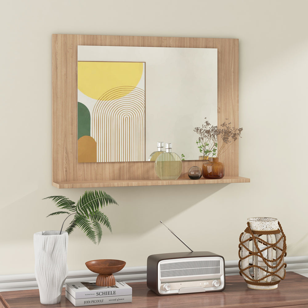 Rectangle bathroom mirror with brown wood frame and shelf, ideal for space-saving storage in any room.
