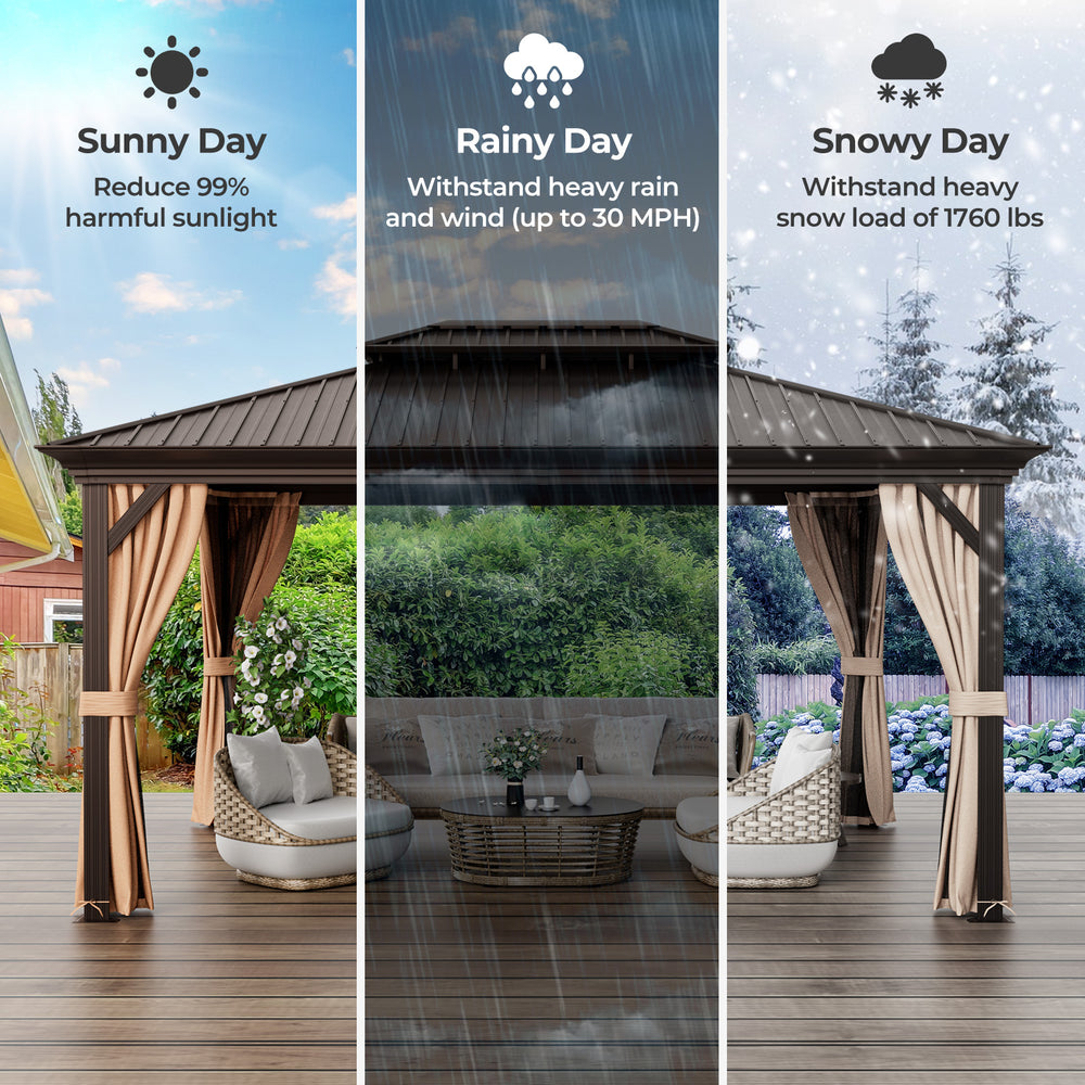 12' x 16' double-roof hardtop gazebo with galvanized steel roof, featuring curtains and netting for all-season use.