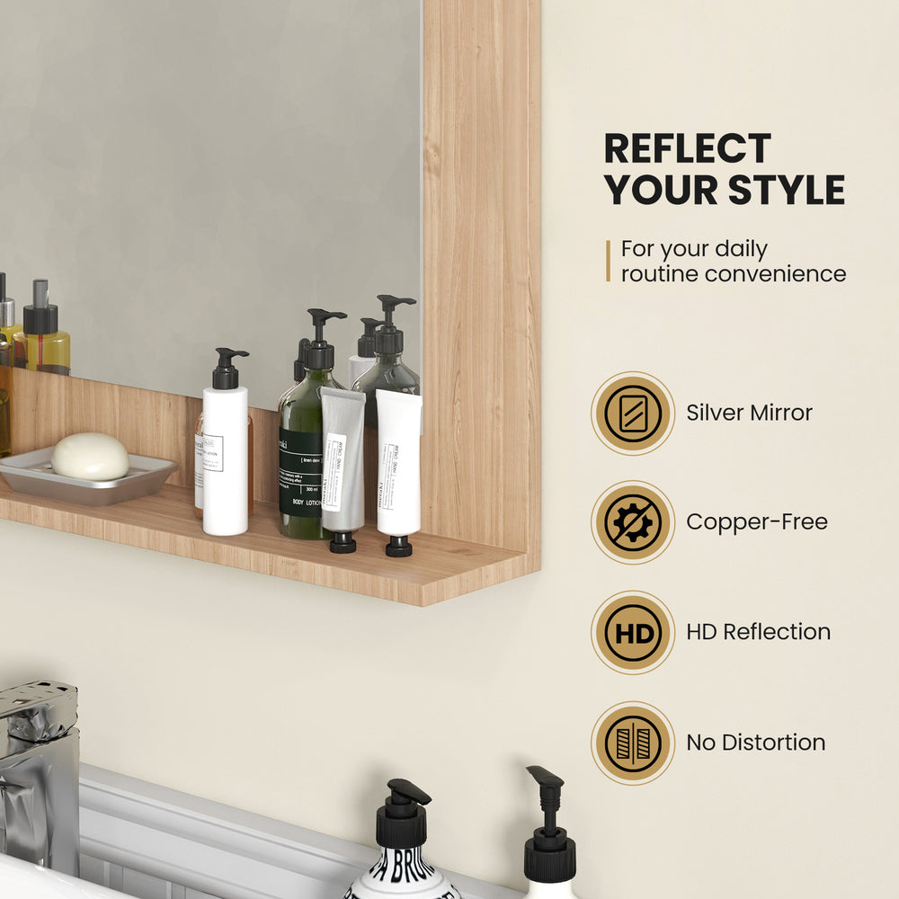 Rectangle bathroom mirror with shelf, 23.5 x 17.5 inch, brown wood frame, perfect for daily routine convenience.