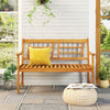 Acacia wood patio bench with curved armrests and slatted seat, perfect for backyard or garden seating.
