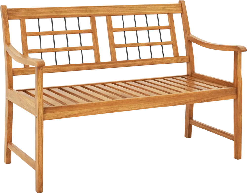 Patio Acacia Wood Bench with Curved Armrests Slatted Seat and Backrest