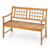 Acacia wood patio bench with curved armrests, slatted seat, and backrest, ideal for backyard or garden seating.