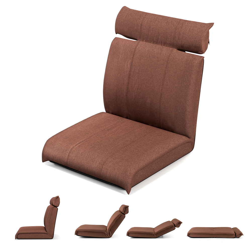 Brown folding floor chair featuring a sleek design with adjustable backrest and headrest, perfect for meditation or.
