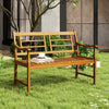 Acacia wood bench with curved armrests, slatted seat, and backrest, perfect for backyard or garden seating.