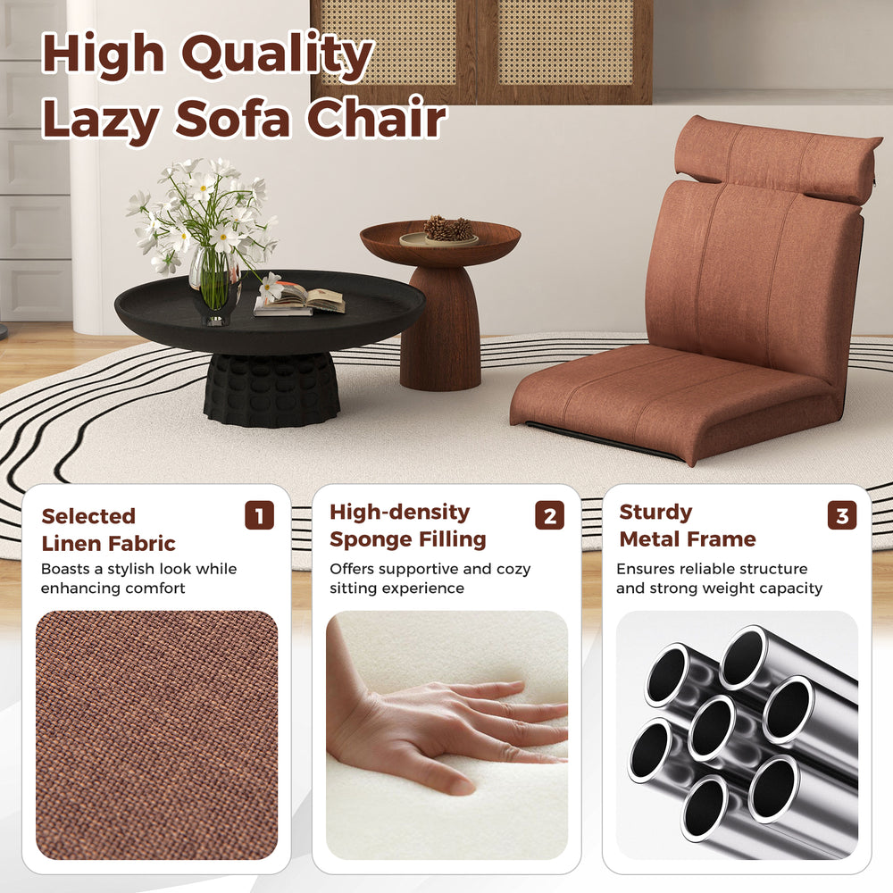 Folding floor chair in brown with adjustable backrest and headrest, ideal for gaming, reading, or napping.