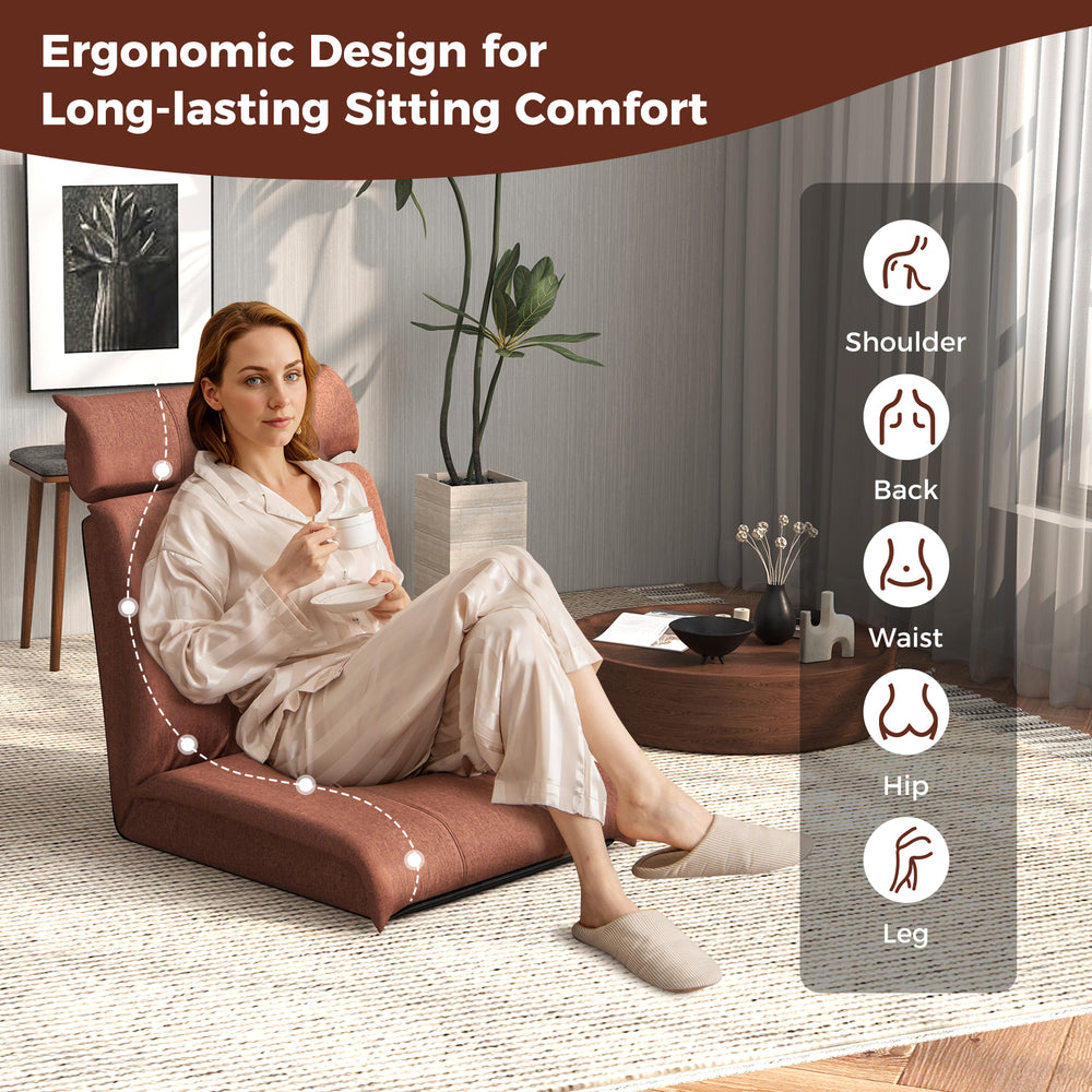 Folding floor chair in brown with 14-position backrest and 5-position headrest, ideal for gaming and relaxation.