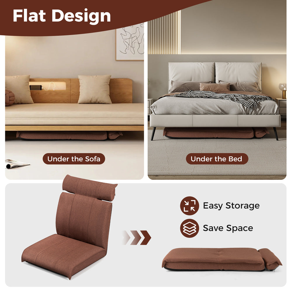 Folding floor chair in brown with 14-position backrest and flat design for easy storage, ideal for gaming or relaxation.