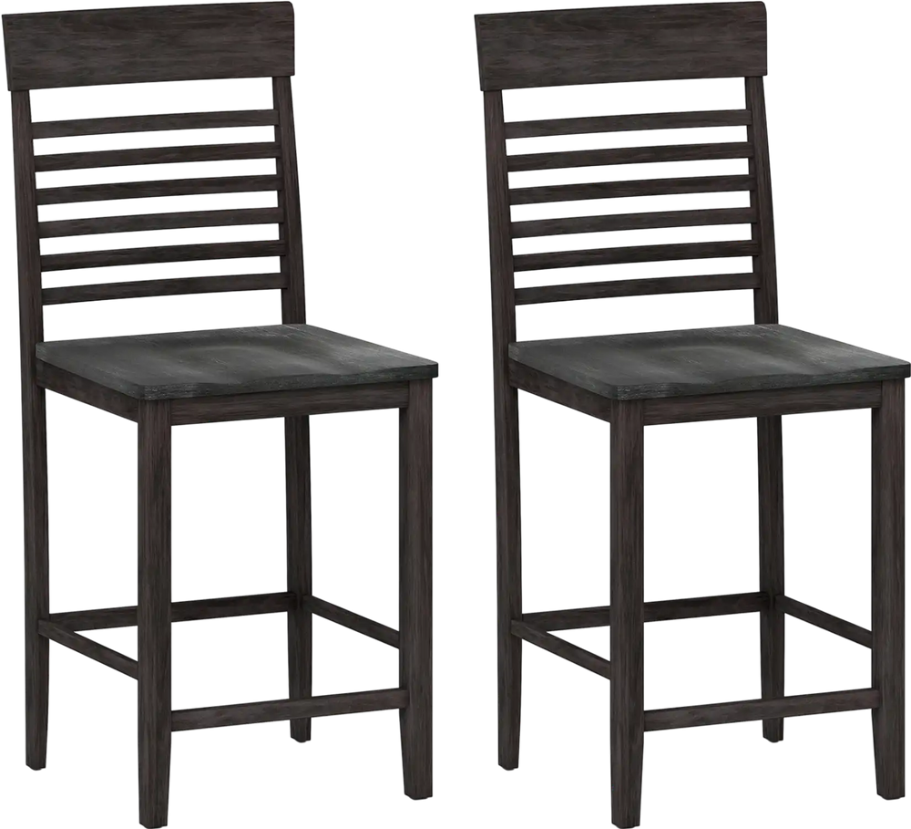 Set of 2 gray dining chairs with slatted backrests, solid rubber wood frame, and footrests for enhanced comfort.