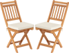 Set of 2 patio folding chairs in natural acacia wood with soft seat cushions, ideal for backyard and poolside.