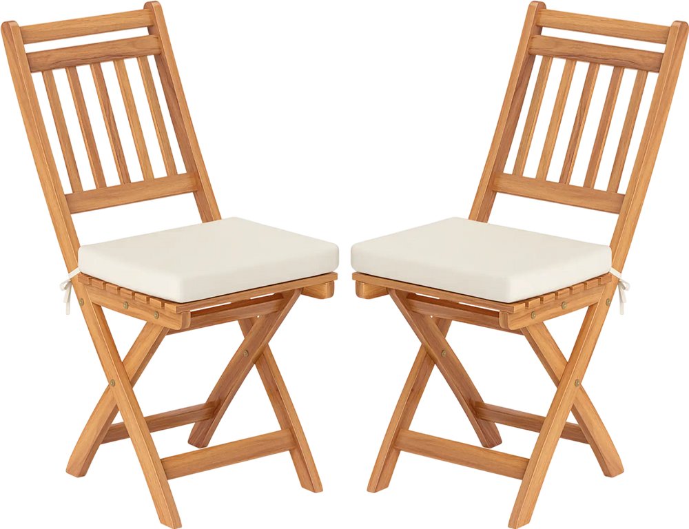 Set of 2 patio folding chairs in natural acacia wood with soft seat cushions, ideal for backyard and poolside.