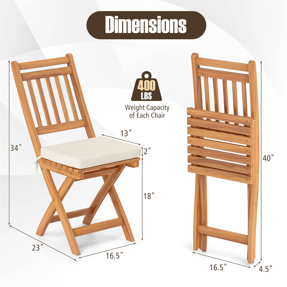 Patio folding chair set of 2 with soft seat cushions, acacia wood frame, 400 lbs capacity, ideal for outdoor use.