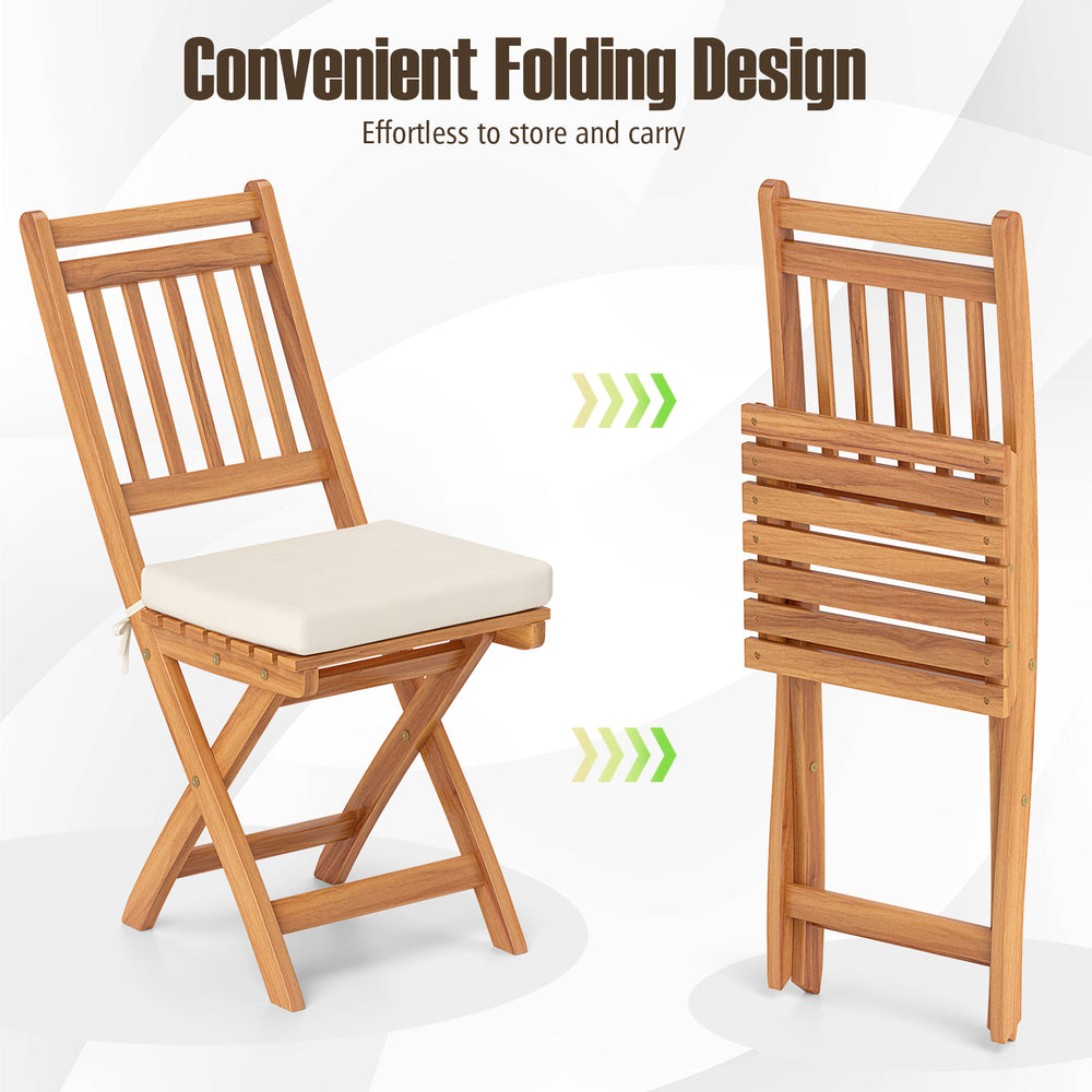 Patio folding chair set with acacia wood frame, soft seat cushion, and convenient folding design for easy storage.