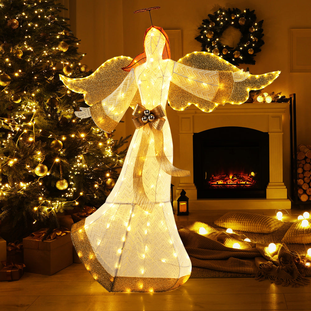 5.2 feet pre-lit Christmas angel with halo and wings, featuring 180 warm white LED lights for festive outdoor decor.