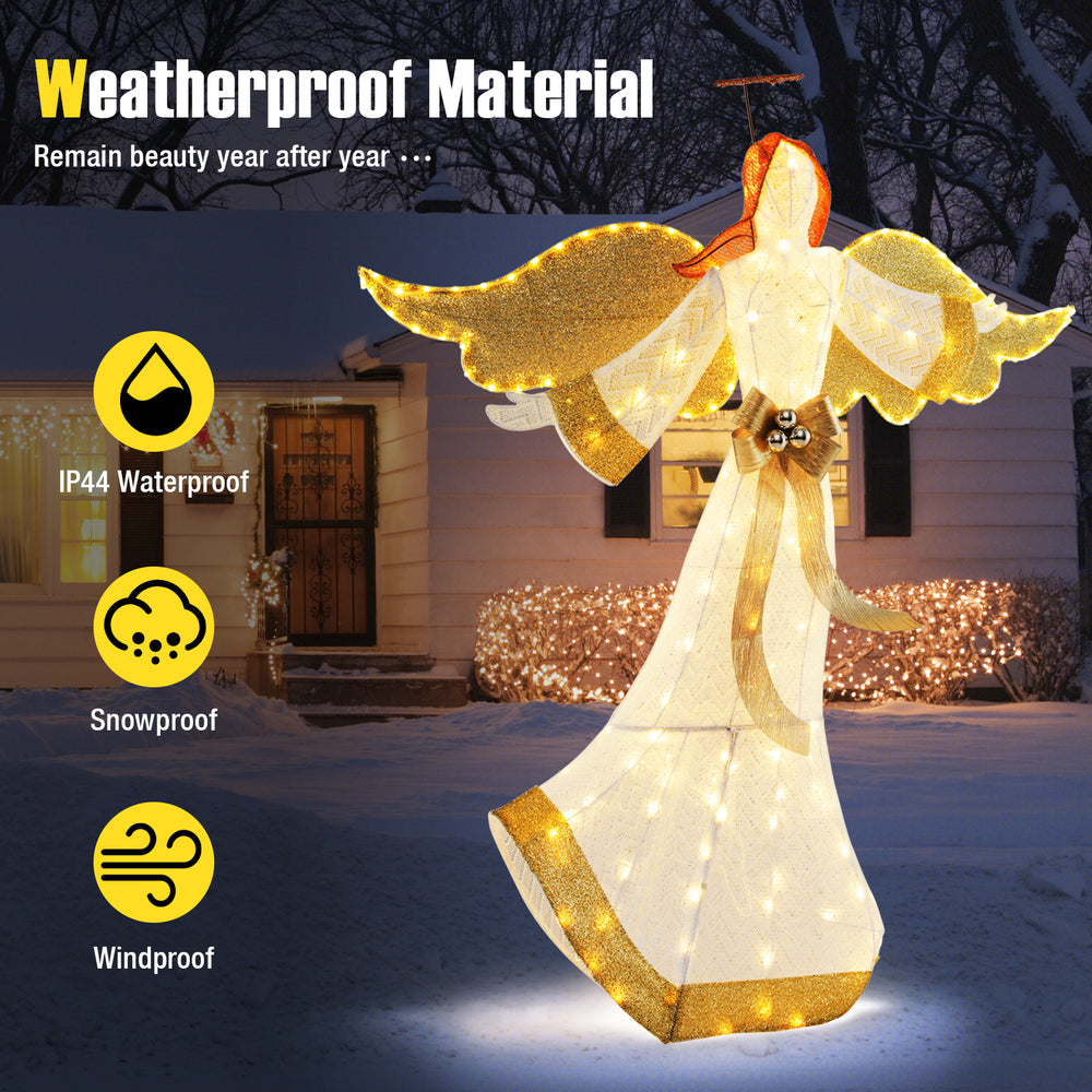 5.2 feet Christmas pre-lit angel with halo wings, 180 warm white LED lights, weatherproof for outdoor holiday decor.