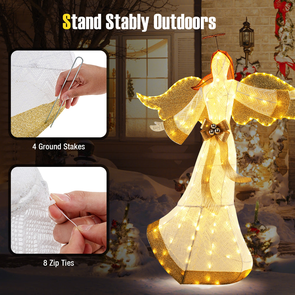 5.2 feet Christmas pre-lit angel with halo wings, 180 warm white LED lights, includes stakes and zip ties for outdoor.