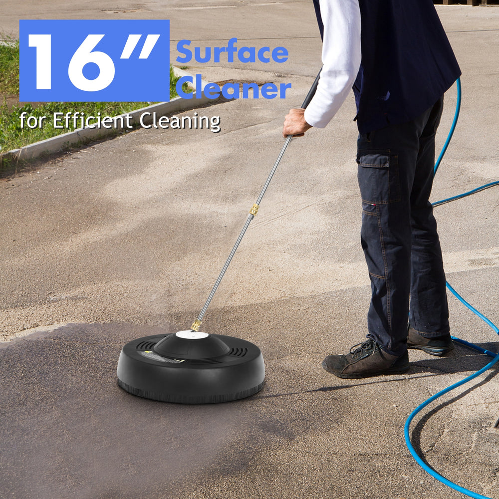 16-inch surface cleaner attachment with spinning nozzles for efficient cleaning of driveways and patios.
