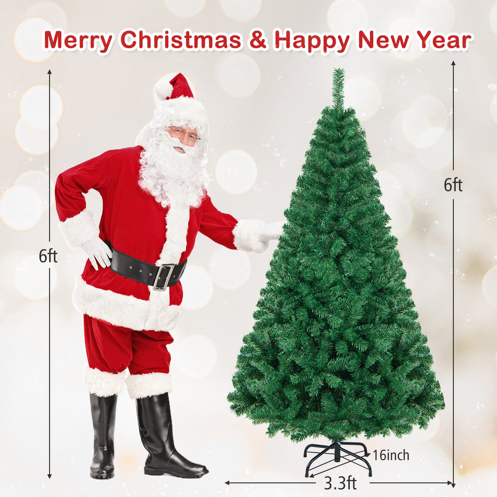 6 ft artificial PVC Christmas tree with solid metal stand, perfect for indoor or outdoor holiday decoration.