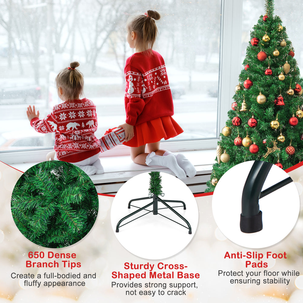 6 ft artificial PVC Christmas tree with sturdy metal stand, featuring dense branch tips for a full-bodied appearance.