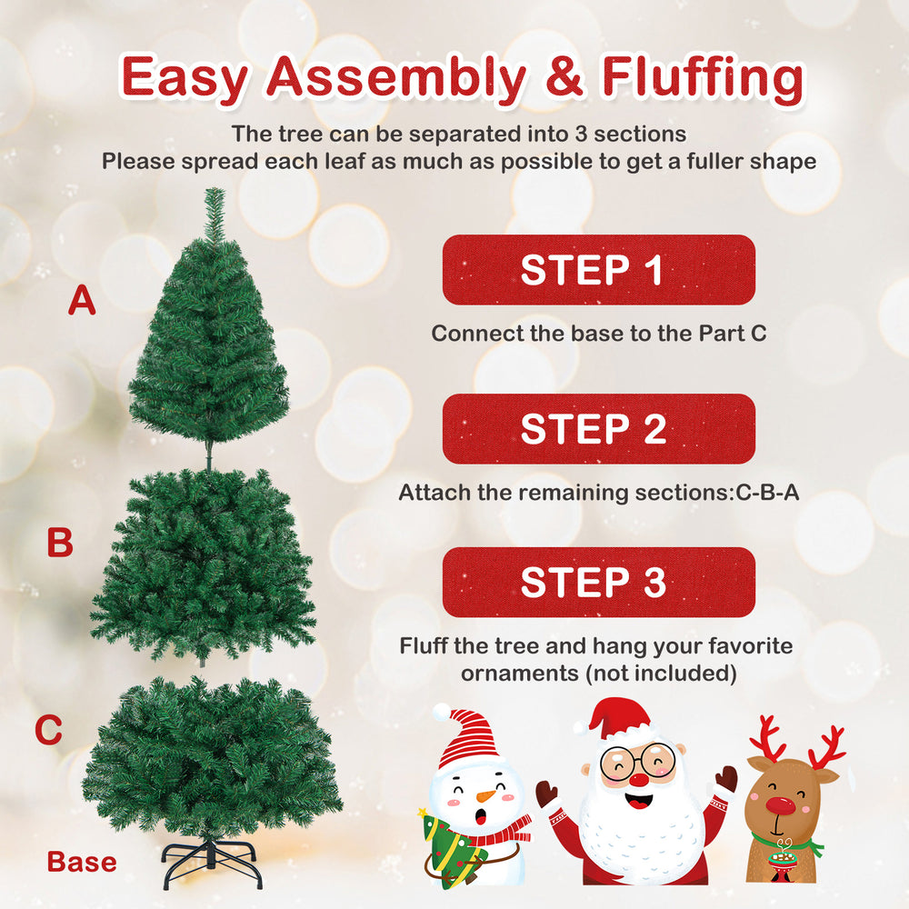 6 ft artificial PVC Christmas tree with durable metal stand, easy to assemble, perfect for indoor or outdoor decoration.