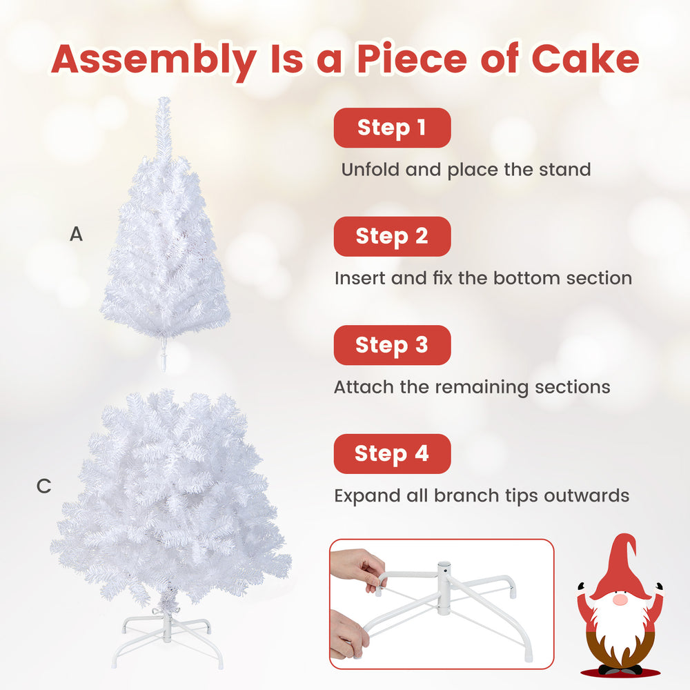 5 ft white artificial PVC Christmas tree assembly steps with a durable metal stand for indoor and outdoor decoration.