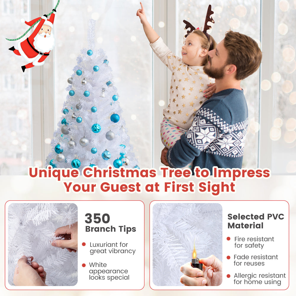 5 ft white artificial Christmas tree with 350 branch tips, made from durable PVC, perfect for indoor and outdoor.