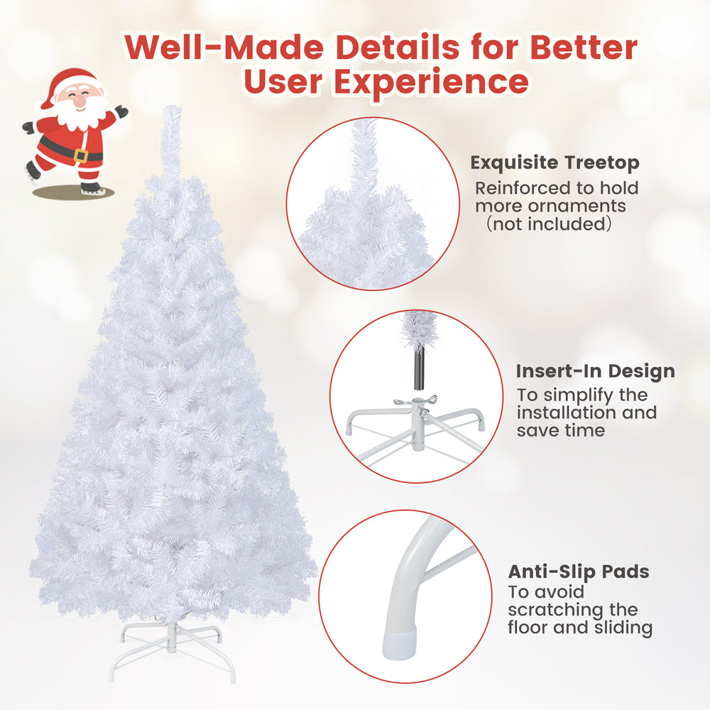 5 ft white artificial PVC Christmas tree with durable metal stand, ideal for indoor and outdoor holiday decoration.