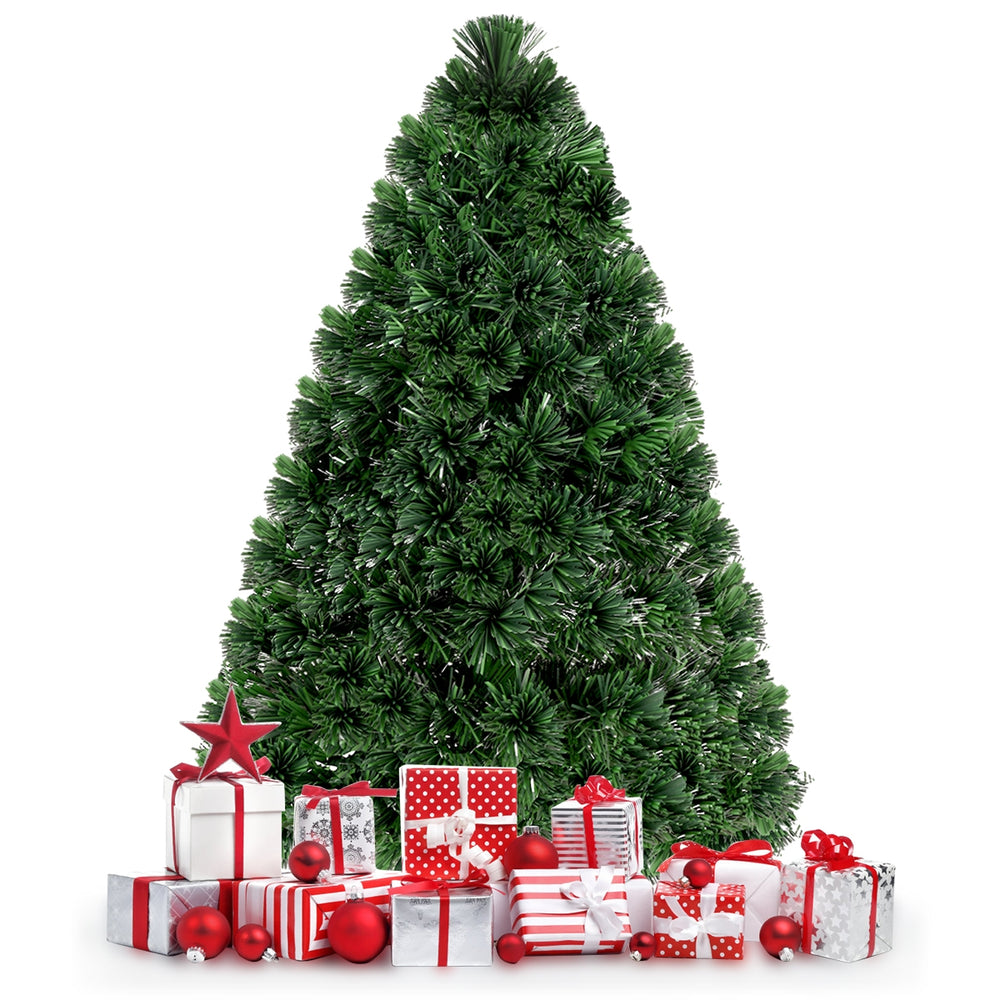 3-foot fiber optic artificial Christmas tree with PVC needles and LED lights, surrounded by festive red and silver.