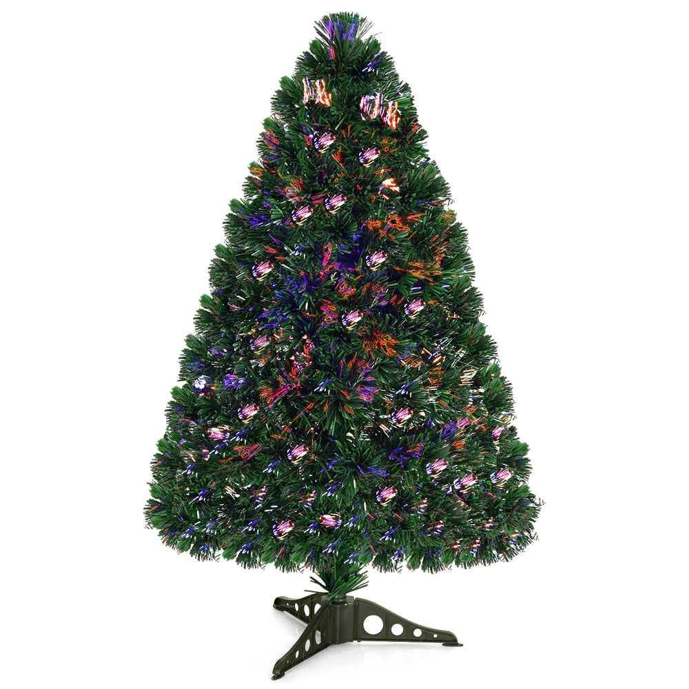 3-foot fiber optic artificial Christmas tree with PVC needles, featuring energy-saving LED lights and 7 color options.