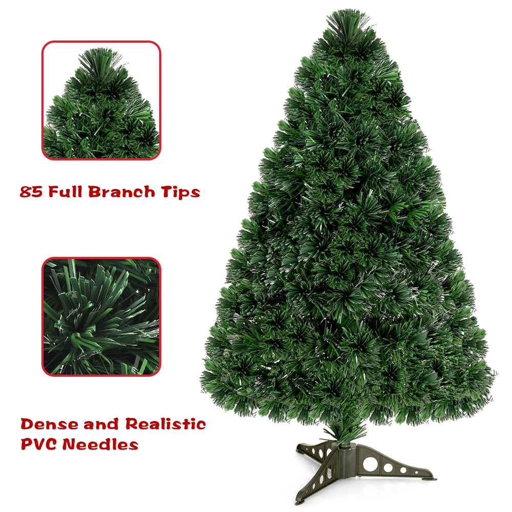 3-foot fiber optic artificial Christmas tree with dense PVC needles, featuring 7 LED colors for festive indoor.