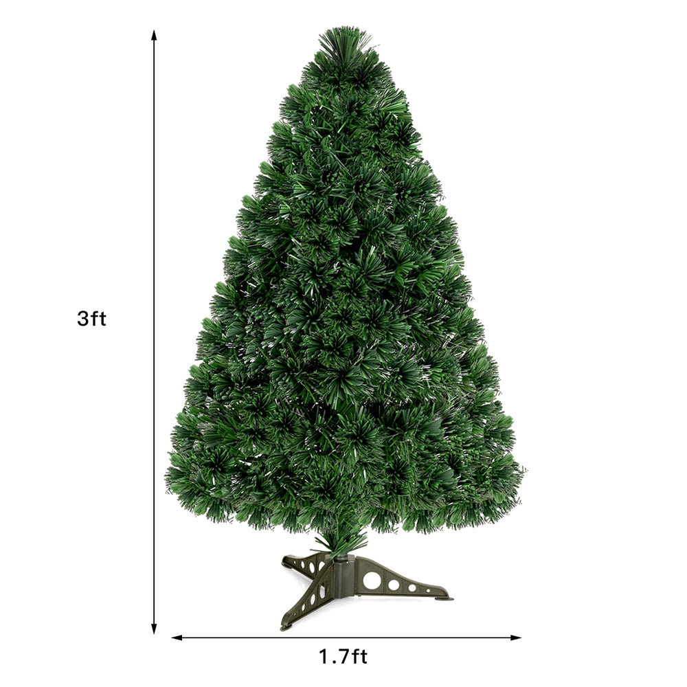 3 ft fiber optic artificial Christmas tree with PVC needles and LED lights, perfect for festive indoor decoration.