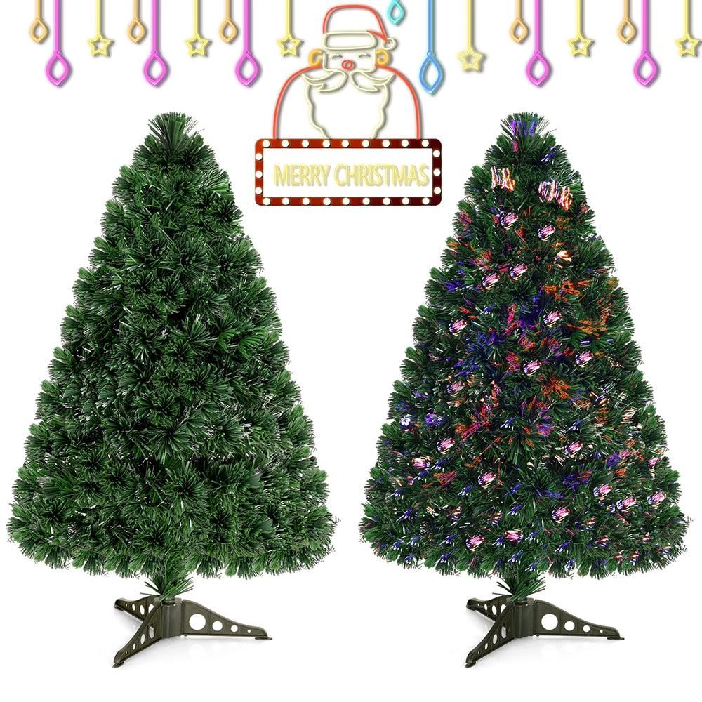 Fiber optic artificial Christmas tree with PVC needles, 7 LED colors, ideal for festive indoor decoration.