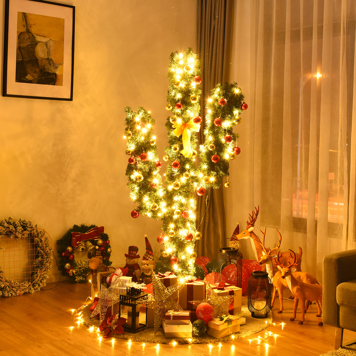 Costway Artificial Cactus Christmas Tree w/ LED Lights &