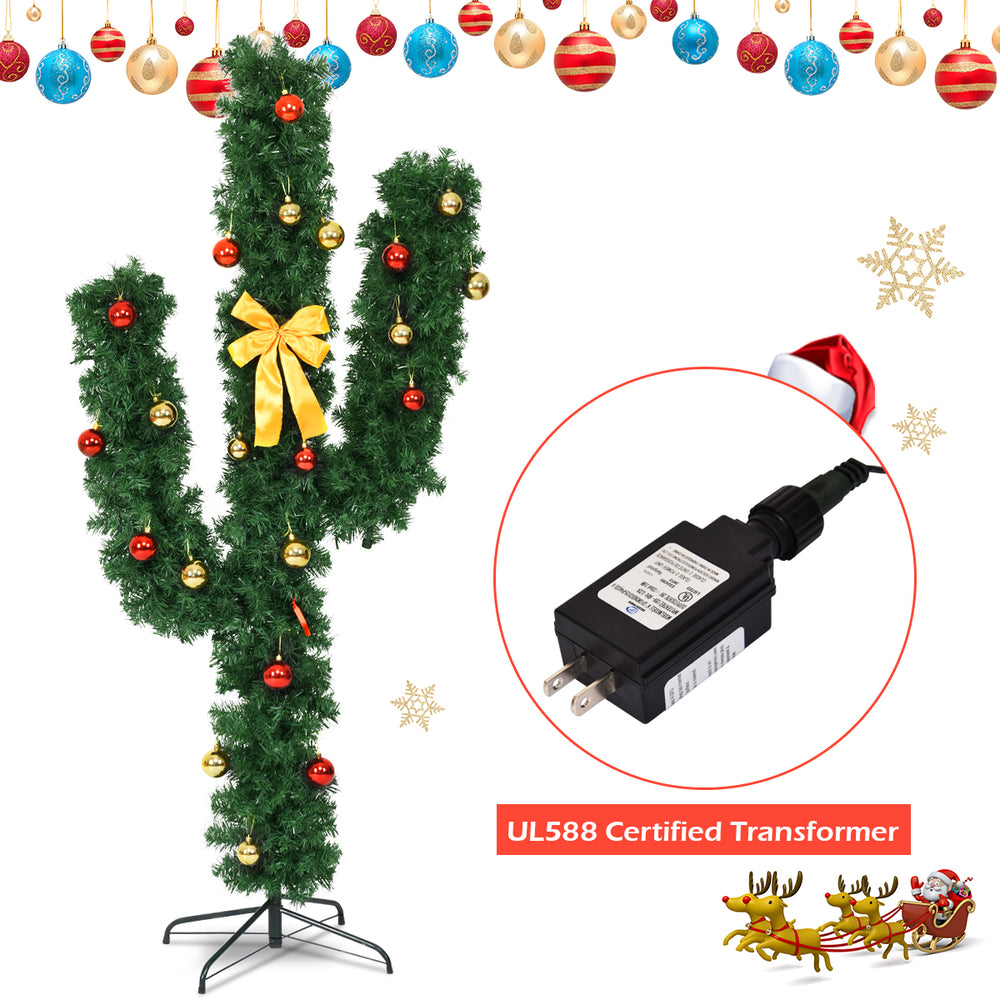 6-foot artificial cactus Christmas tree showcasing vibrant ball ornaments and warm LED lights for a unique holiday.