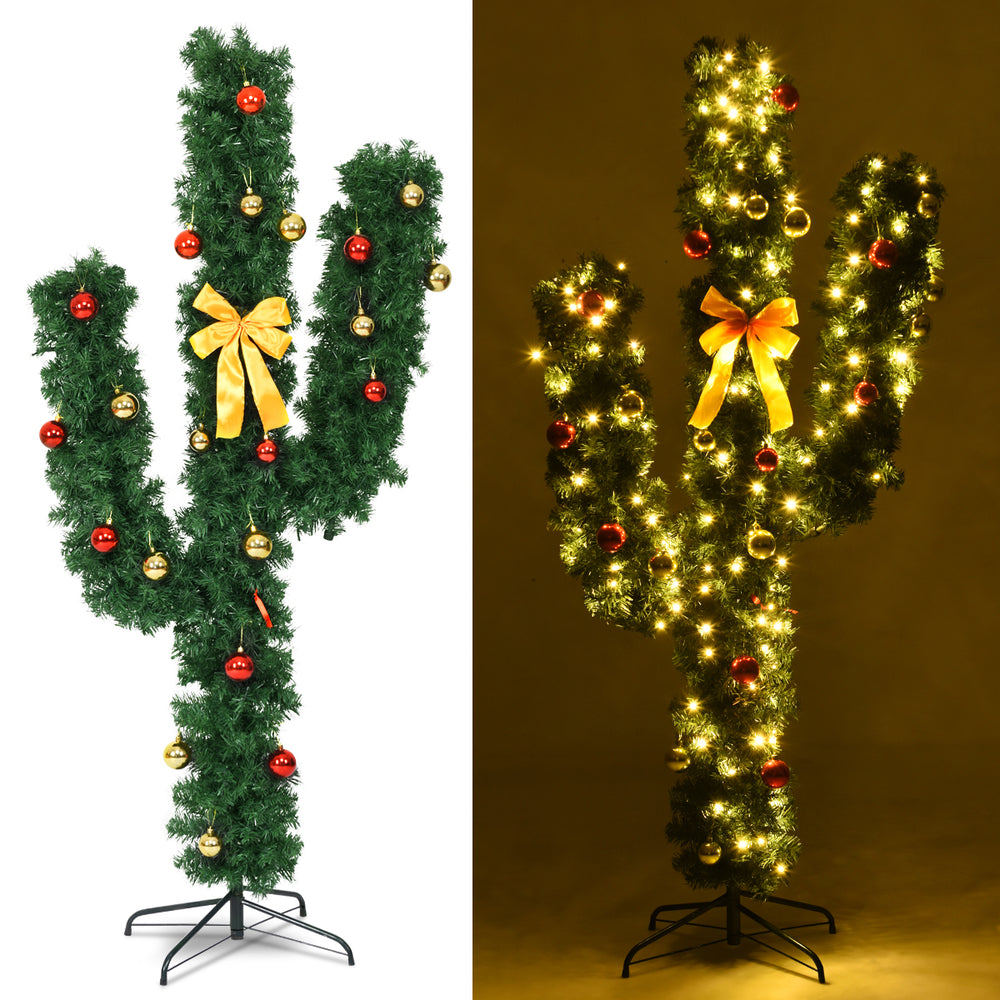 6-foot artificial cactus Christmas tree with LED lights, featuring a unique silhouette and warm glow for holiday cheer.