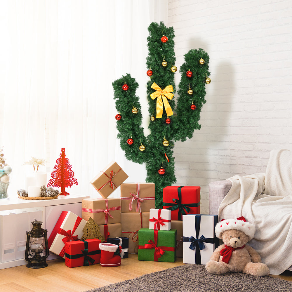 6 feet artificial cactus Christmas tree with LED lights and ball ornaments, decorated with gifts for a festive.