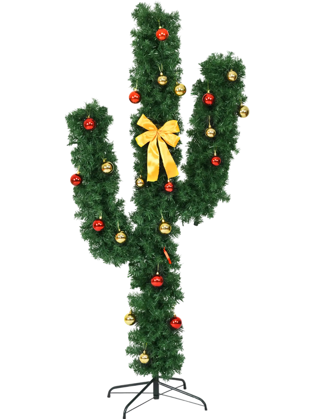 6-foot artificial cactus Christmas tree with LED lights and ball ornaments, featuring a sturdy iron base for support.