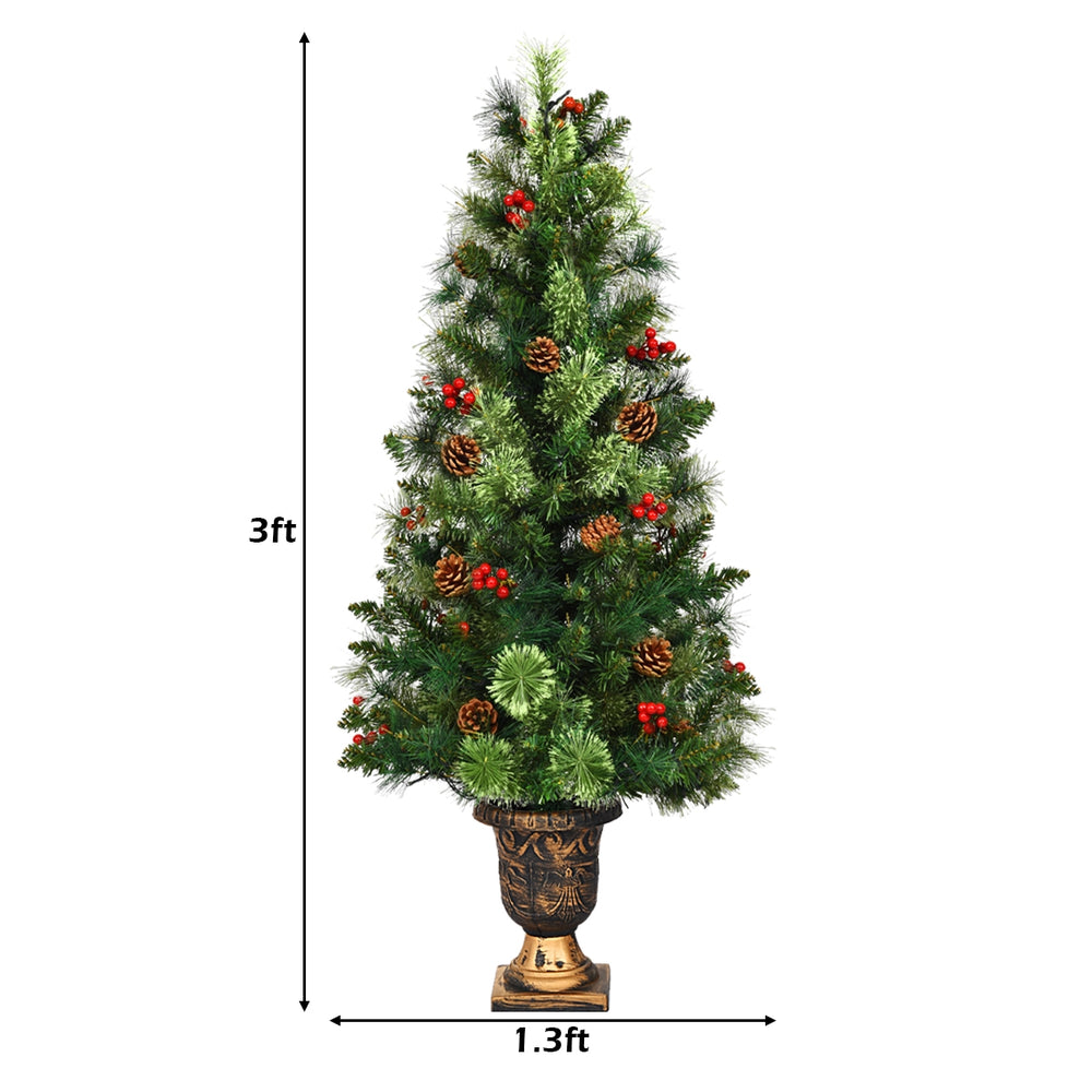 3-foot LED Christmas tree with red berries and pine cones in a gold urn base, perfect for holiday decoration.