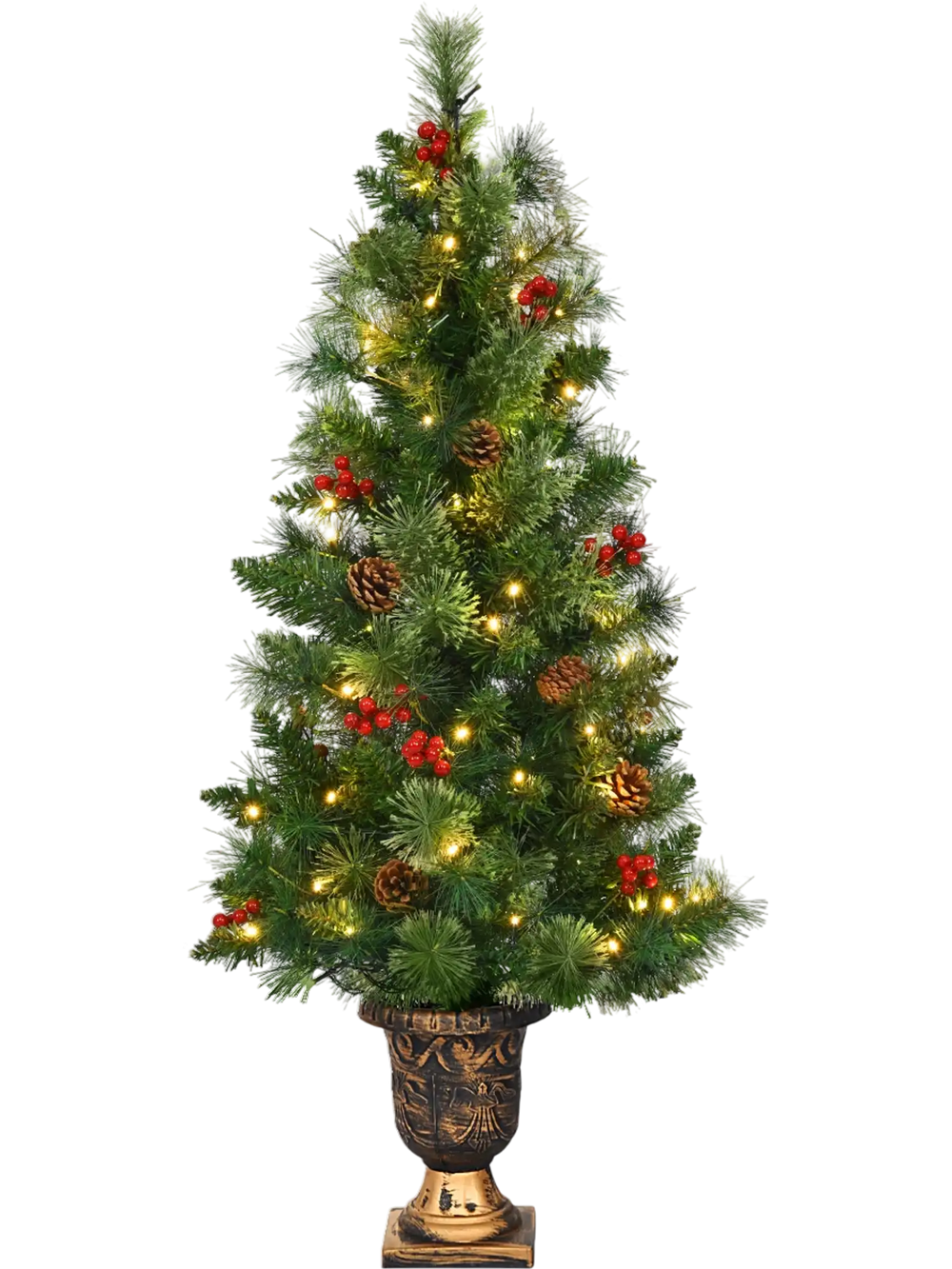 3-foot LED Christmas tree with red berries and pine cones, pre-lit with warm white lights, in a gold urn base.
