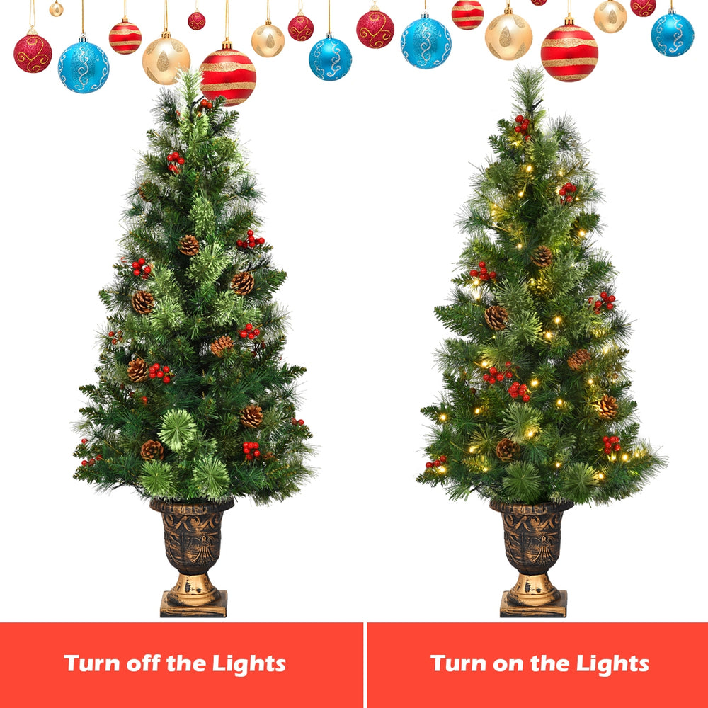 LED Christmas tree with red berries and pine cones, pre-lit with warm white lights, ideal for festive home decoration.