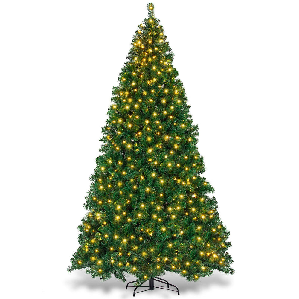 9-foot pre-lit PVC artificial Christmas tree with 700 LED lights, perfect for festive indoor decoration.