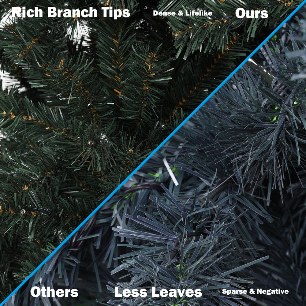 Comparison of branch tips showing dense, lifelike PVC on the 4.5 Feet pre-lit Christmas tree versus sparse alternatives.
