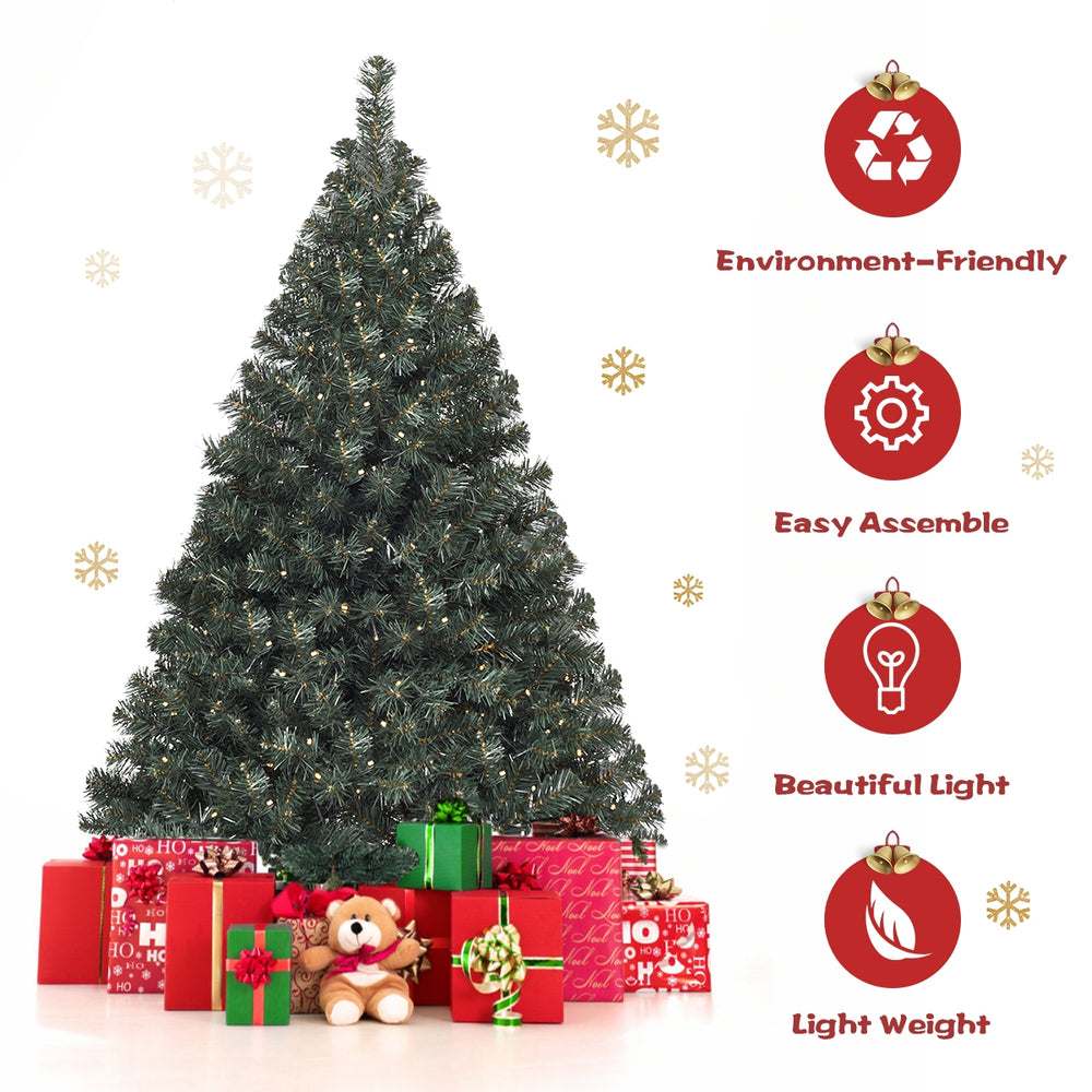 4.5 feet pre-lit artificial Christmas tree with 200 LED lights, eco-friendly PVC, perfect for indoor holiday decoration.