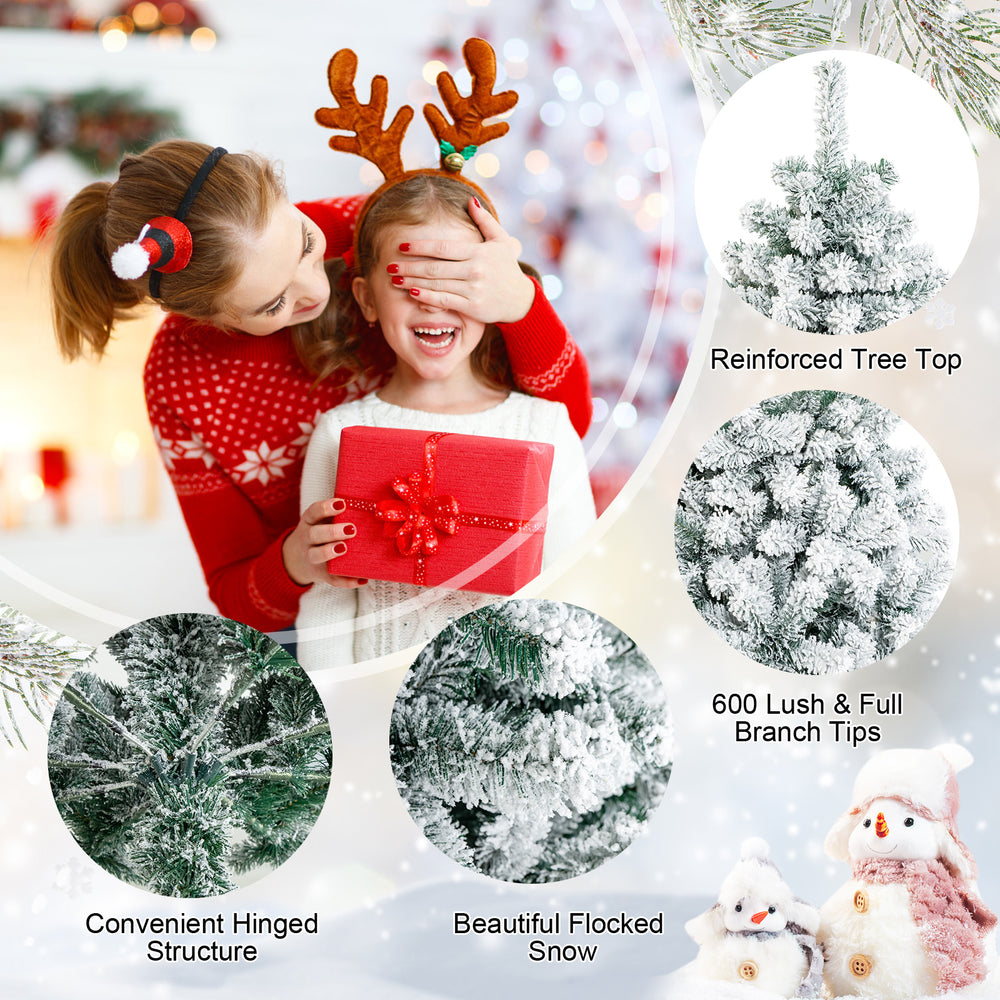 6 feet flocked Christmas tree with 600 branch tips, hinged structure, and metal stand for easy assembly and festive.