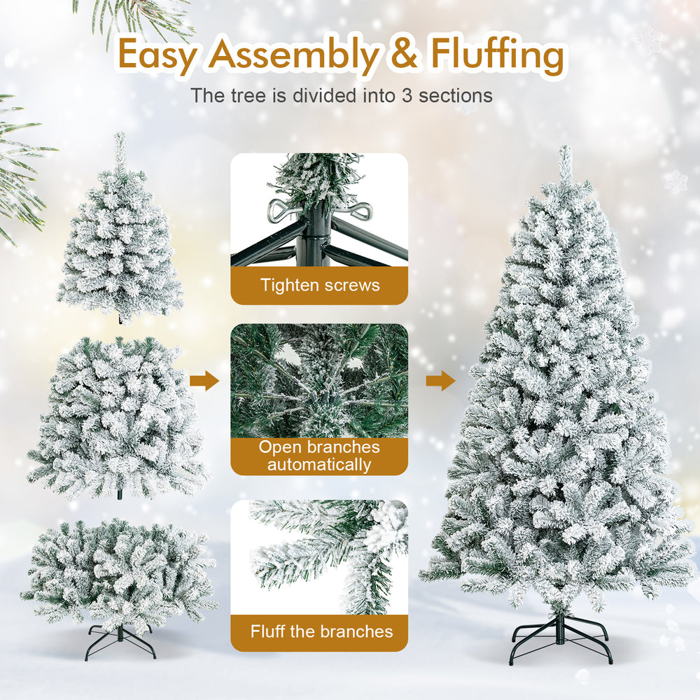 6 feet flocked Christmas tree with 600 branch tips, easy assembly in 3 sections, ideal for festive home decor.